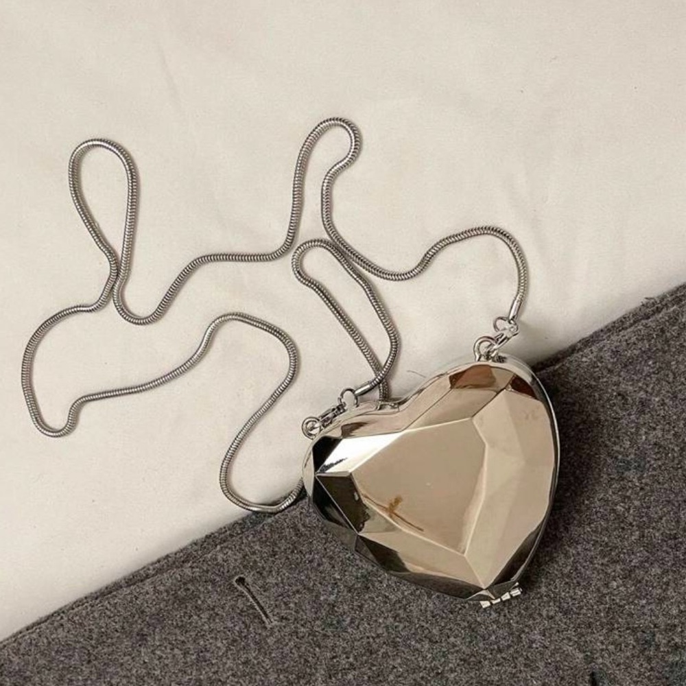 Silver Heart-Shaped Clutch with Chain